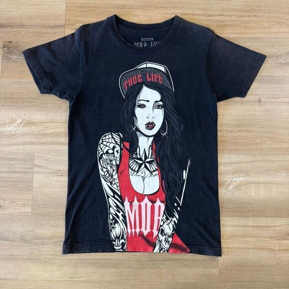 MOB Inc Love And Hate Thug Life Black Shirt Size Small Edgy Girl Graphic Street - Picture 1 of 3
